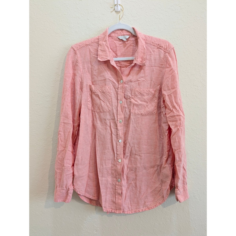 Lucky Brand Women Coral Pink Linen Blend Button Down Long Sleeve Shirt Medium